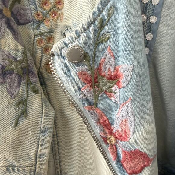 Blank NYC Denim Jacket Medium Embroidered Floral Studded Moto Zip Light Wash - Picture 3 of 16